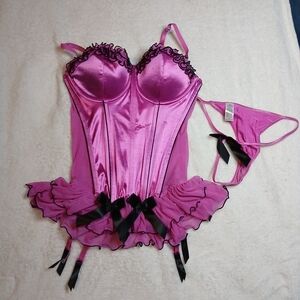 Fuchsia Satin Bustier Corset with Ruffled Hem and G-String